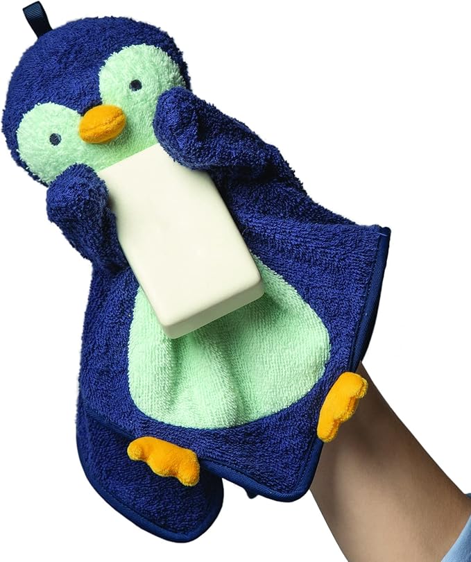 Manhattan Toy Penny Penguin Scrub-a-Dubbie Bathtime Puppet Washcloth for Infants, Toddlers and Kids