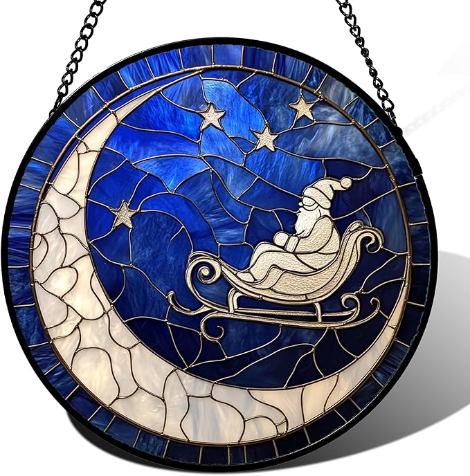Stained Glass Window Hangings - Blue White Moon Stars Suncatcher for Door Home Christmas Decor Dream Sun Catcher Thanksgiving New Year Birthday Gifts for Women Men Mom Nana 9.8 in