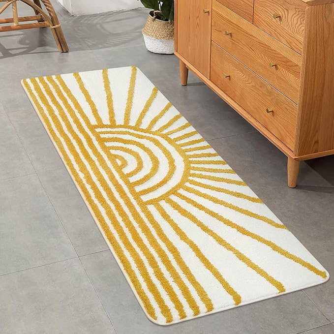 Uphome Bathroom Runner Rug, Yellow and White Sun Long Bath Mat, Non Slip Water Absorbent Bath Rug, Modern Minimalism Aesthetic Machine Washable Bathroom Floor Mat for Bathtub Sink Laundry, 20x59 inch