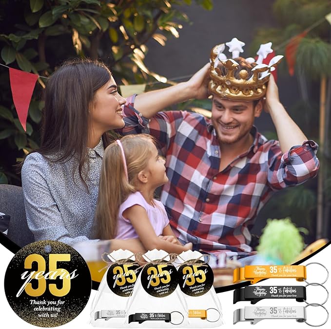 Dandat 54 Sets 35th Birthday Party Favors for Guests Birthday Beer Opener Keychain Cheers to 35 Bottle Opener Keychain with Thank You Cards and Gift Bags for Anniversary Wedding Party Favors