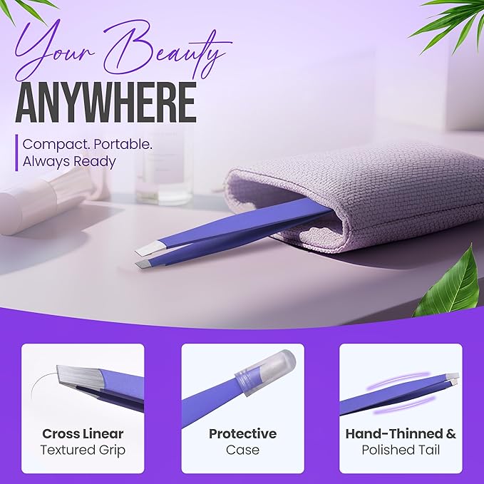 Slanted Stainless Steel Tweezers for Men & Women - Precision Eyebrow Tweezers for Facial Hairs, Strong Grip, Fine Tip, Professional Tweezer for Plucking & Grooming (Purple)