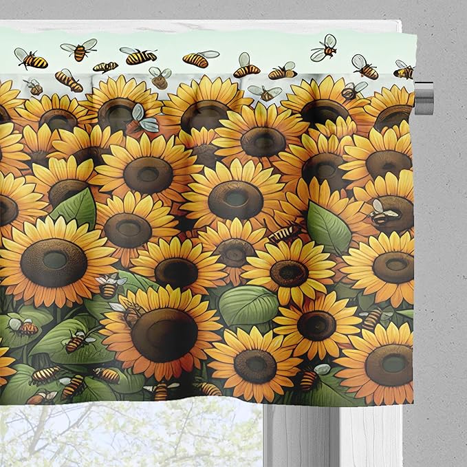 Ambesonne Summer Tones Valance & Tier Curtain 3 pcs Set, Cottagecore Sunflowers Scenario with Flying Bees and Modern Stripes, Window Treatments for Kitchen Room Decor, 55" x 24", Mustard Reseda Green