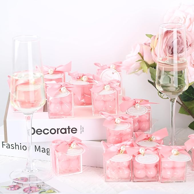 ACITHGL 30 Sets Fully Assembled Small Bubble Candle Party Favors for Guests Bulk Bridal Showers Favors Candles with Stylish Ribbons Thank You Cards Gifts (Pink)