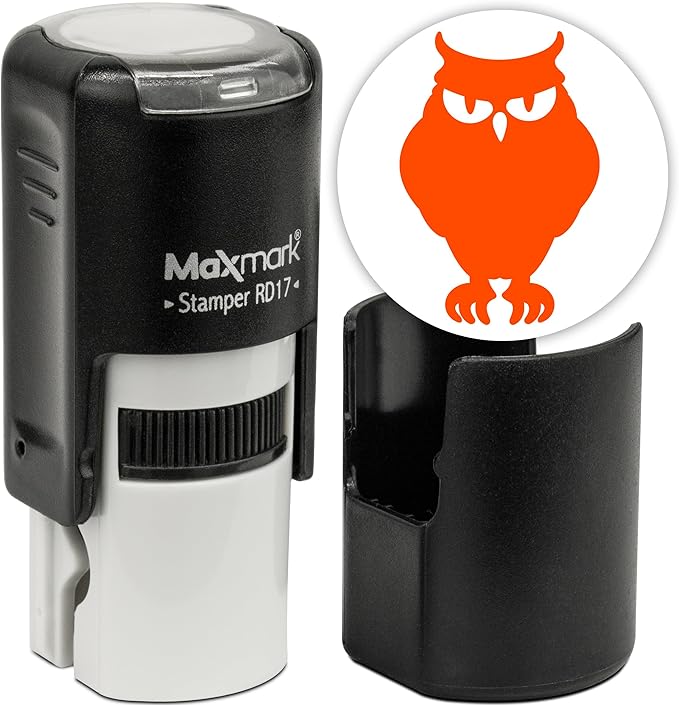 MaxMark Round Self Inking Halloween Stamp - Owl - Orange Ink