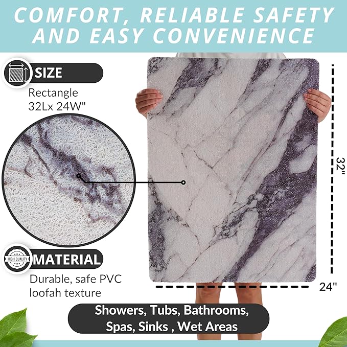 Enkosi Loofah Non-Slip Shower Mat - Shower Floors, Bathtub, Bathrooms, Wet Areas - Cushioned Bath Mat with Drain Holes - Quick Dry PVC, Secure Safety Pad Without Suction Cups (32x24 Marble Grey Blue)