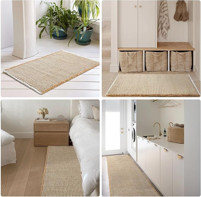Waffle Runner Rug Bathroom, Long Boho Bathroom Rugs Non Slip Washable Super Absorbent Quick Dry Farmhouse Bath Decor, 72"x24" Khaki and White