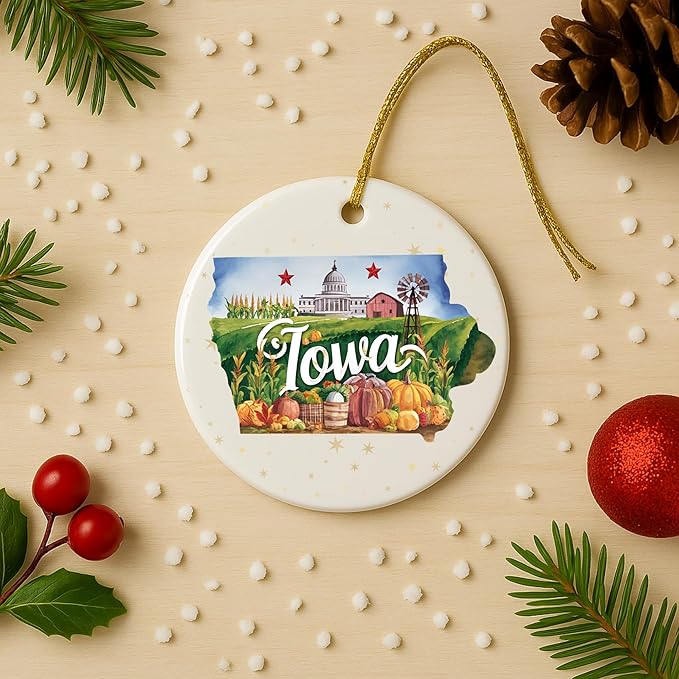 USA State Landmark Ceramic Ornament – Round Glossy Christmas Decoration Featuring U.S. State Art, Landmarks & Holiday Scenery – Collectible Travel Souvenir Ornament Series (Iowa)