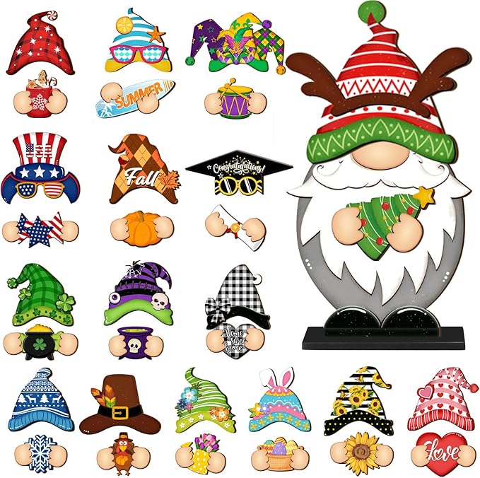 Blulu 34 Pcs Christmas Interchangeable Wooden Gnome Decor DIY Holiday Christmas Seasonal Tiered Tray Decoration Gnomes with Magnet Pieces Welcome Sign for Xmas Holiday Decorations (Classic)