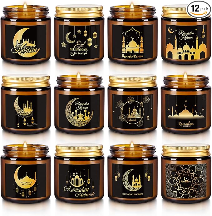 12pack Ramadan Scented Candles 3.5oz Soy Wax，Muslim Islamic Party Favors Gifts Glass Jar Candles for Home Happy Eid Festival Decor(Brown,Pattern)