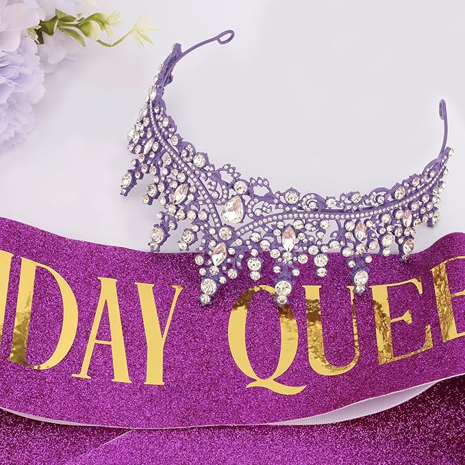 COCIDE Purple Birthday Queen Sash for Women Happy Birthday Crowns Princess Tiaras Sashes for Girl Crystal Party Decorations Rhinestone Headband Supplies Decor