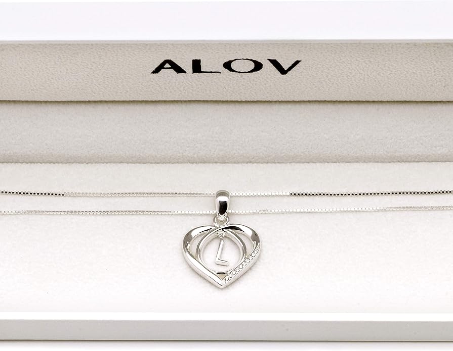 ALOV Jewelry Sterling Silver Initial Letter Alphabet Love Heart Cubic Zirconia Pendant Necklace