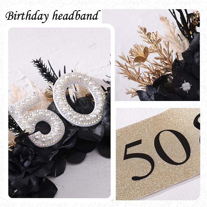 Flower Black Birthday Headband - Dark Happy Birthday Crown and Sash Set for Women Fabulous Party Accessories