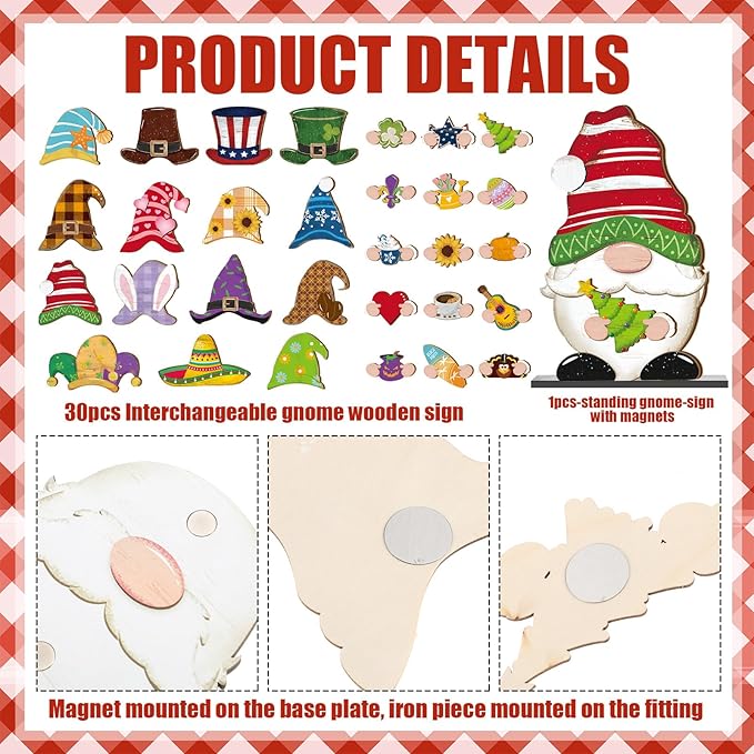 Blulu 32 Pcs Christmas Interchangeable Wooden Gnome Decor DIY Holiday Christmas Seasonal Tiered Tray Decoration Gnomes with Magnet Pieces Welcome Sign for Xmas Holiday Decorations (Bright)