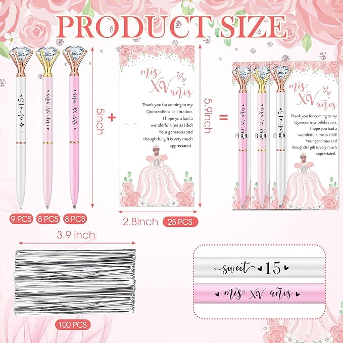 25 Sets Quinceanera Party Favors Sweet 15 Diamond Pens Fancy Ballpoint Pens with Crystal Birthday Party Thank You Cards and Ties Thank You Gifts for Guests Back School(White, Pink)