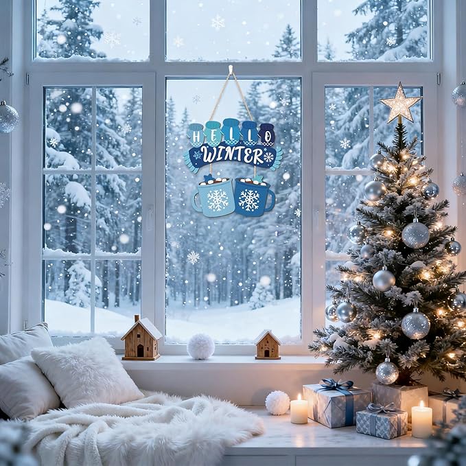 CHDITB Hello Winter Wooden Sign, Hot Cocoa Wooden Hanging Plaque, Christmas Front Door Hanger, Seasonal Snowflake Wall Art Sign Hanger for Xmas Holiday Decoration