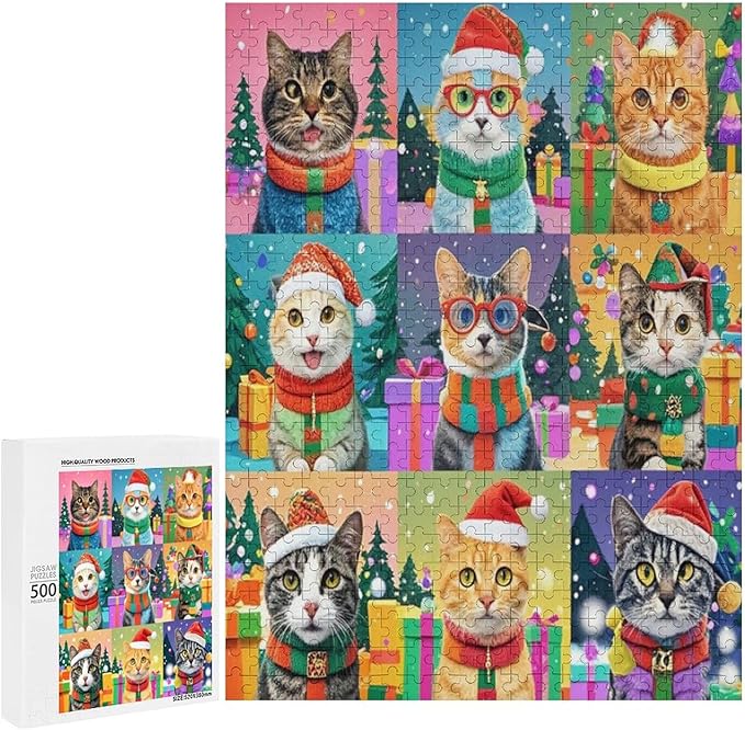 Wooden Puzzle 500 Pieces Adult - Christmas Cat Puzzle Christmas Puzzles, Holiday Puzzles, Family Toys, Party Games, Jigsaw Puzzle Challenge and Funny