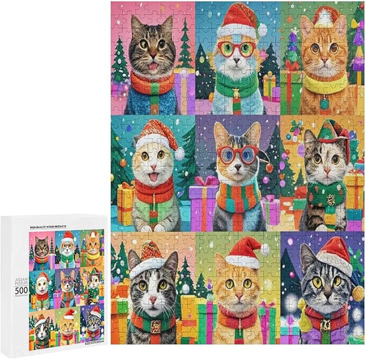 Wooden Puzzle 500 Pieces Adult - Christmas Cat Puzzle Christmas Puzzles, Holiday Puzzles, Family Toys, Party Games, Jigsaw Puzzle Challenge and Funny