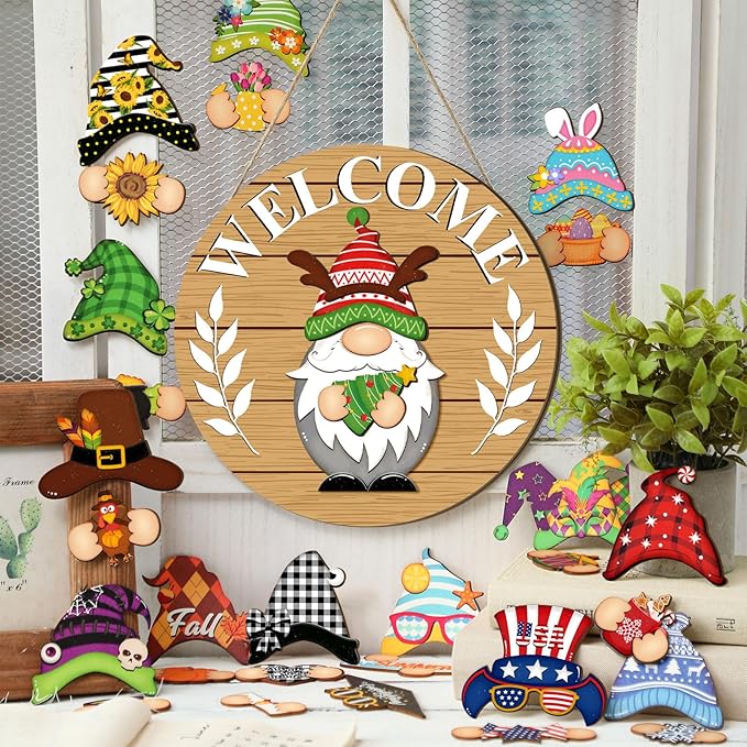 Qunclay Interchangeable Wooden Gnome Decor Holiday Seasonal Gnome Decorations with Magnet Pieces and Detachable Hats Changeable Welcome Sign for Home(Tawny)