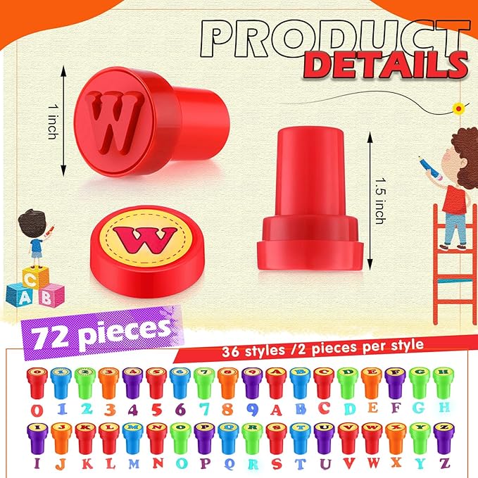 72 Pcs Number and Alphabet Stamps for Kids Letter Stamps for Kids Self Inking ABC for Boys and Girls, Classroom Rewards, Birthday Party Supplies