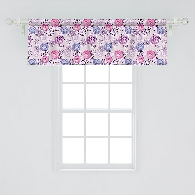 Ambesonne Purple Window Valance, Watercolor Style Floral Fireworks Blooming Flowers Abstract Spiral Doodle Spots Art, Curtain Valance for Kitchen Bedroom Decor with Rod Pocket, 54" X 18", Blue Pink