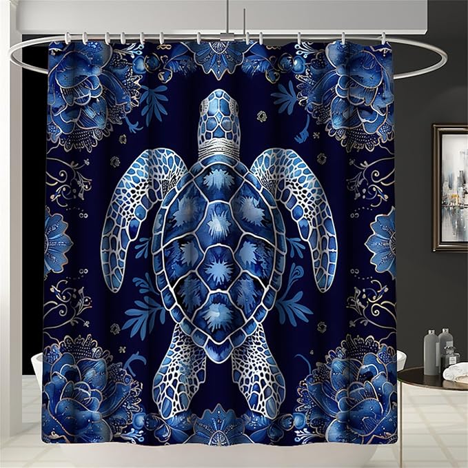 4 Pcs Sea Turtle Shower Curtain - Cartoon Animal Shower Curtain Ocean Theme Curtain with Rug,Toilet Cover and Bath Mat with 12 Hooks