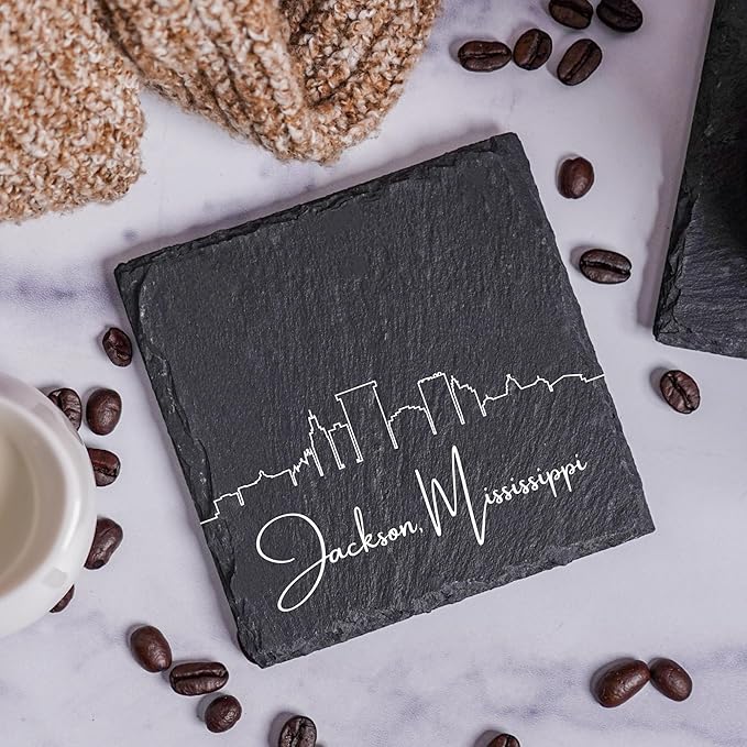 Blue Ridge Mountain Gifts - Jackson MI Skyline Coasters, Set of 4 - Jackson Mississippi Souvenir, Slate Coasters with Minimalist Skyline, Housewarming Gift for Friends, Family, & Neighbors