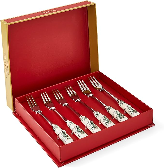 Spode Christmas Tree Pastry Forks (Set of 6), Stainless Steel Forks with Porcelain Handles for Holiday Meals, 6-Inch Festive Christmas Flatware - Seasonal Tableware & Silverware Gift Set