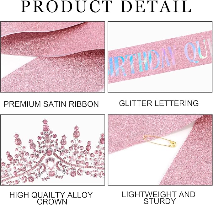 COCIDE Pink Birthday Sash and Crown for Women - Crystal Tiaras Decorations for Girl,Glitter Rhinestone Gifts Headband Sashes Decor,Coronas for Queen,Happy Birthday Accessories Party Favors
