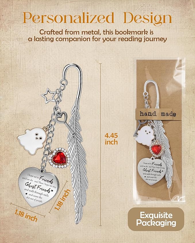 Buleens Bookmarks for Women Reading - Book Marks for Readers Book Lovers, Feather Funny Ghost Personalized Metal Bookmark with Pendants, Pretty and Aesthetic Book Accessories Reading Gifts