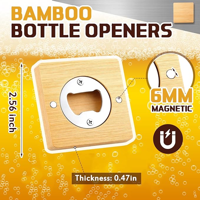 Vesici 24 Pcs Magnetic Bottle Opener 2.5in DIY Bamboo Square Shape Beer Openers Wooden Fridge Magnet Refrigerator Sticker Gift for Beer Lover Wedding Guest Kitchens Bars Parties