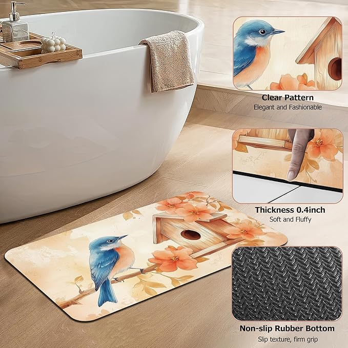 Bath Mat,Blue Bird Bathroom Rugs,Quick-Drying Non-Slip Rubber Bath Mats Fall Leaves Absorbent Diatomaceous Earth Mat for Bathroom Home Decor 17"x29.5"