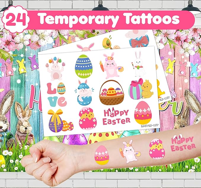 36PCS Easter Party Favors - 24PCS Temporary Tattoos & 12PCS Stamps - Ideal Spring Egg Bunny Themed Birthday Card Decorations Supplies Goodie Bag Cute Rewards for Boys Girls Classroom Gifts Prizes