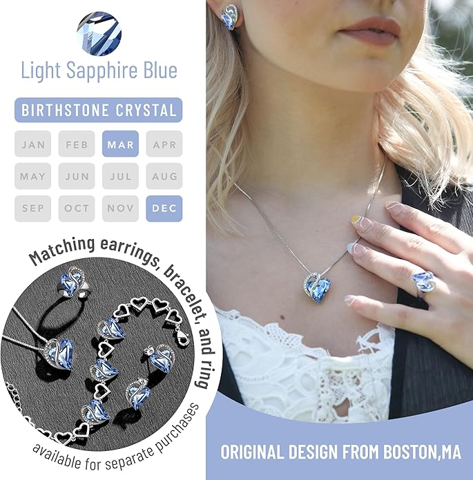 Leafael Valentine's Day Gift Necklaces for Women, Infinity Love Birthstone Heart Crystal Pendant, Birthday Anniversary Jewelry for Wife, Mom, and Her, Silver Plated, 18" + 2" Adjustable Chain