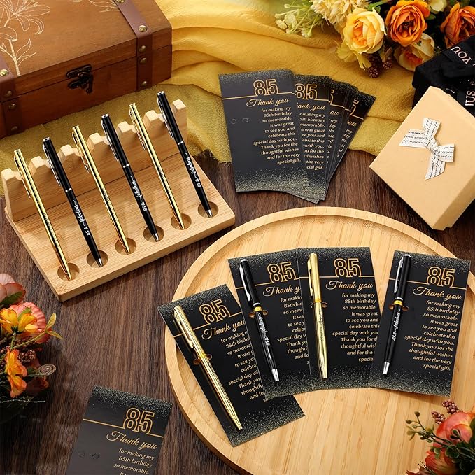 25 Sets 85th Birthday Themed Party Favors for Guests Including Birthday Ballpoint Pens and Black Gold Thank You Cards for Guests Anniversary Appreciation Gifts