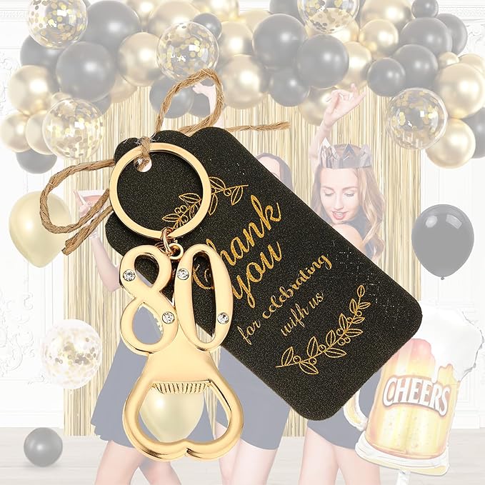 24 pcs 80th Gold Keychain Bottle Opener Birthday Party Favors for Guests,80th Beer Bottle Opener Favors Bulk for Birthday Anniversary Souvenirs Party Decor Supplies (Gold 80th)