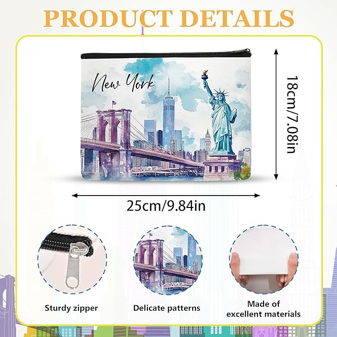 New York Makeup Bag, Watercolor NYC Travel Cosmetic Pouch, New York Souvenir Gift for Women, USA-Themed Toiletry Organizer for Trips & Daily Use