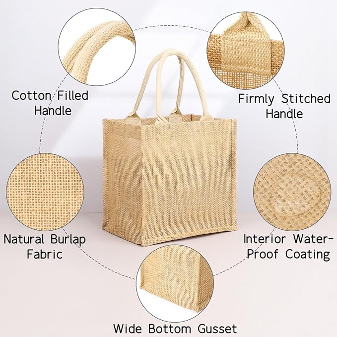 Segarty Burlap Tote Bags, 6 Pack Small White Reusable Jute Canvas Gift Favors Bag with Handles Blank Tote Bulk for Bridesmaid Wedding, Bachelorette Party, Beach Trip, Women Market Grocery Shopping