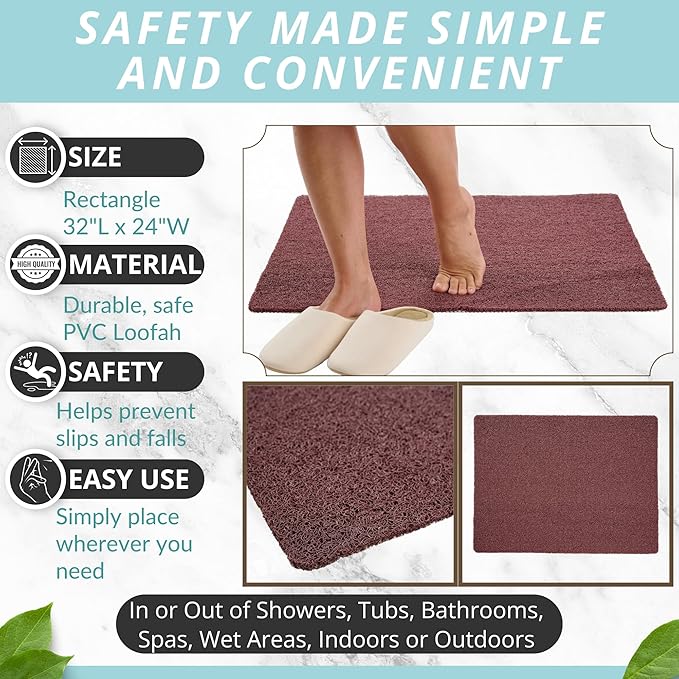 Enkosi Loofah Non-Slip Shower Mat - Shower Floors, Bathtub, Bathrooms, Wet Areas - Cushioned Bath Mat with Drain Holes - Quick Dry PVC, Secure Safety Pad Without Suction Cups (32x24 Brown)