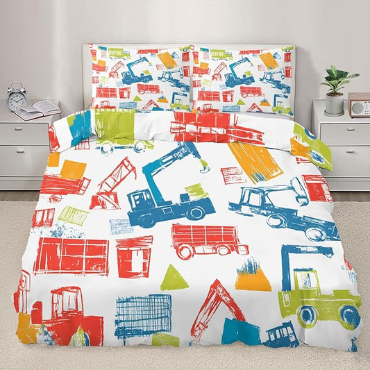 Crane Truck Duvet Cover Twin Size Graffiti Construction Vehicles Bedding Set Machinery Truck Cars Comforter Set Kids Engineering-Themed Comforter Cover Soft Microfiber for Bedroom