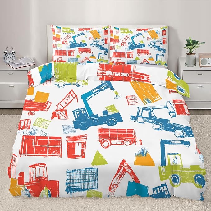 Crane Truck Duvet Cover Queen Size Graffiti Construction Vehicles Bedding Set Machinery Truck Cars Comforter Set Kids Engineering-Themed Quilt Cover Soft Microfiber for Bedroom