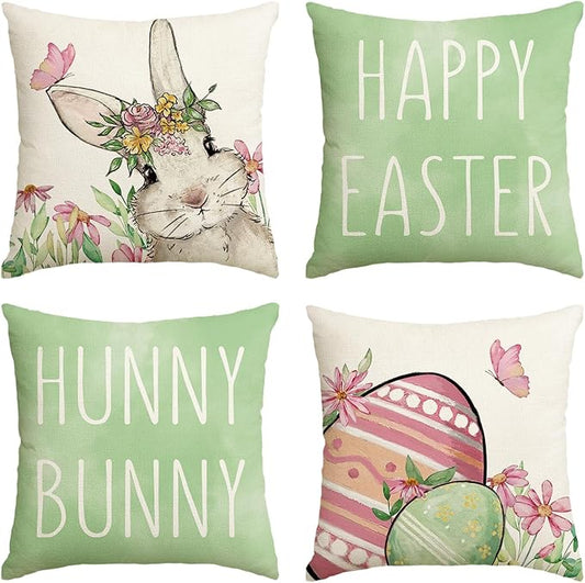 AVOIN colorlife Happy Easter Hunny Bunny Green Throw Pillow Covers, 20 x 20 Inch Easter Eggs Bunny Spring Cushion Case for Sofa Couch Set of 4
