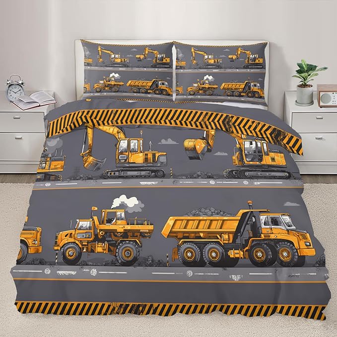 Construction Vehicles Bedding Set Oversized King Excavator Dump Truck Duvet Cover Industrial Style Comforter Cover Machinery Car Bed Set with Pillowcases for Bedroom