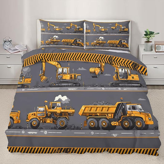 Construction Vehicles Bedding Set King Size Excavator Dump Truck Duvet Cover Industrial Style Comforter Cover Machinery Car Comforter Set with Pillowcases for Bedroom