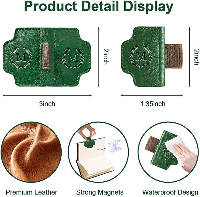 BygoneMark Magnetic Leather Bookmark with Pen Holder, Personalized Custom Initial Page Marker & Pen Clip, Professional Book Accessory for Students (Green-U)