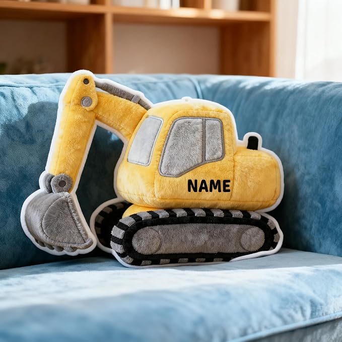 Personalized Excavator Shaped Pillow, Custom Name Plush Stuffed Pillows, Suitable for Beds, Sofas, Bedrooms, Living Rooms Custom Decorative Cushion Gifts for Birthday and Anniversary
