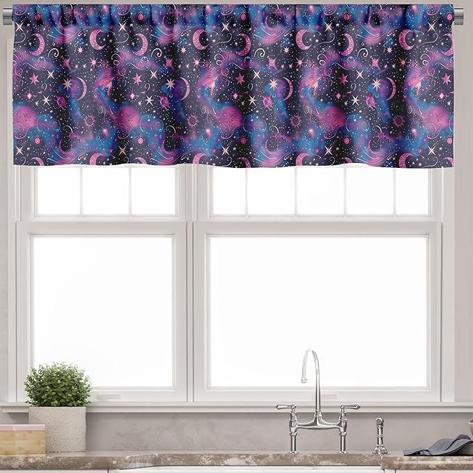 Ambesonne Celestial Window Valance Pack of 2, Fantasy Dream Oriental Astronomy Art Crescent and Starry Atmosphere, Rod Pocket Curtain Valances for Kitchen Bedroom, 42" X 18", Dark Night Blue Fuchsia