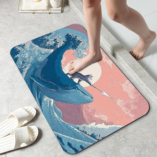 Japanese Cat Bathroom Rug 29.5"x17", Waves Bath Mat with Non-Slip Rubber Backing, Quick-Drying Absorbent Thin Floor Mat for Bathroom, Shower, Sink, or Kitchen