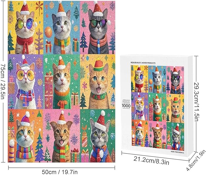 Wooden Puzzle 1000 Pieces Adult - Christmas Dog Cat Puzzle Christmas Puzzles, Holiday Puzzles, Family Toys, Party Games, Jigsaw Puzzle Challenge and Funny