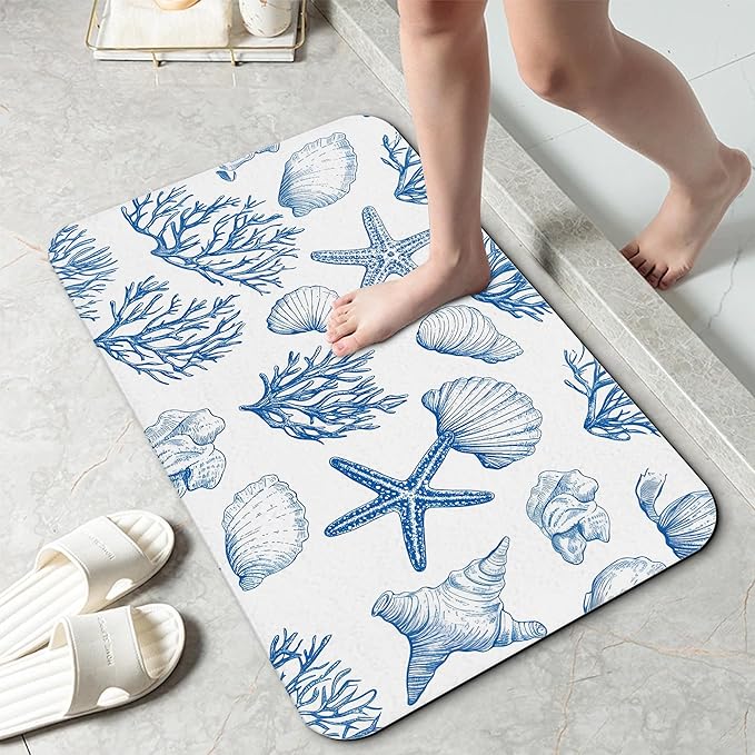 Vintage Starfish Bathroom Rug 29.5"x17", Shells Quick-Drying Super Absorbent Diatomite Bath Mat with Non-Slip Backing, Thin Washable Bathroom Floor Mat Fits Under Door for Shower, Sink, or Tub