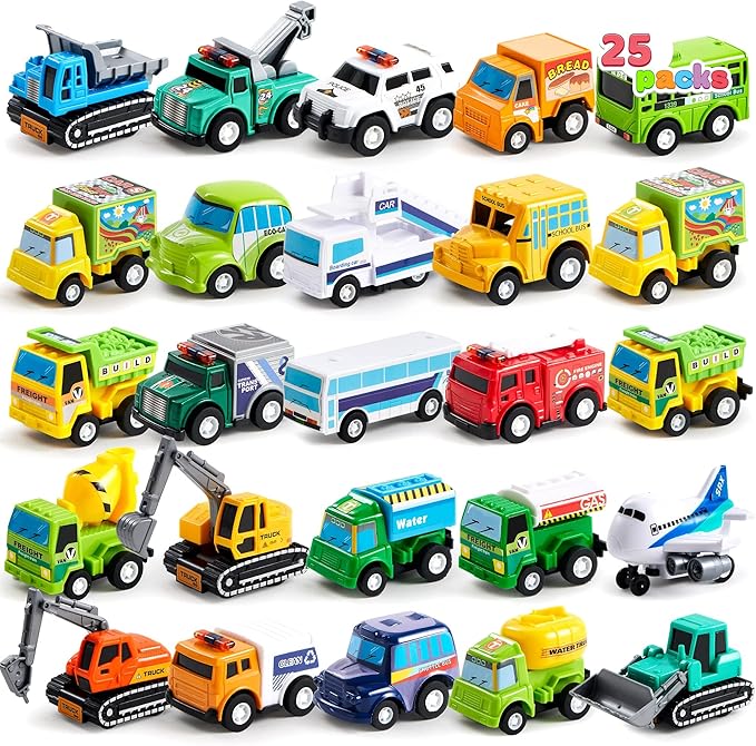JOYIN 25 Pieces Pull Back Cars and Trucks Toy Vehicles Set for Toddlers, Girls and Boys Kids Play Set, Party Favors, School Gifts, Goodie Bags Stuffers for Kids, Christmas Birthday Gifts